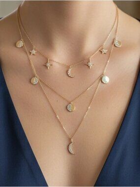Boho Moon Phases Layered Star Diamond Necklace